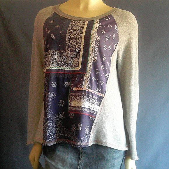 One September Anthropologie Bandana Patchwork Grey Knit Top Sm - Picture 2 of 11